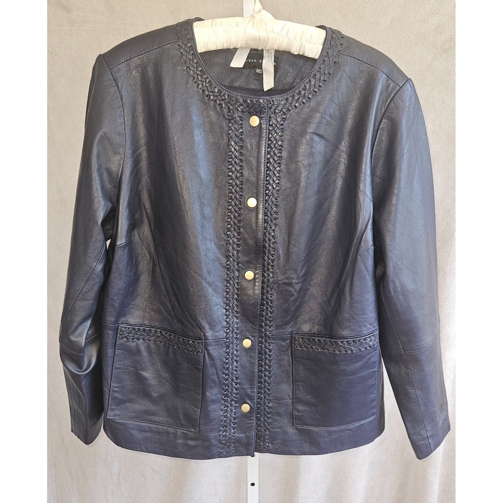 Susan Graver Women's Jacket Sz 22W Timeless Genuine Leather Braided Blue A670982